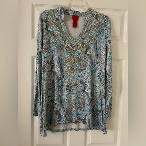 Christina Blue and White Paisley V-Neck Blouse